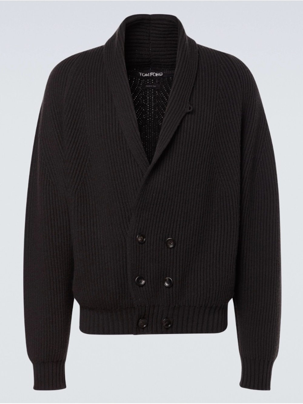 Tom Ford Black Ribbed Shawl-Collar Double-Breasted Cardigan Jacket